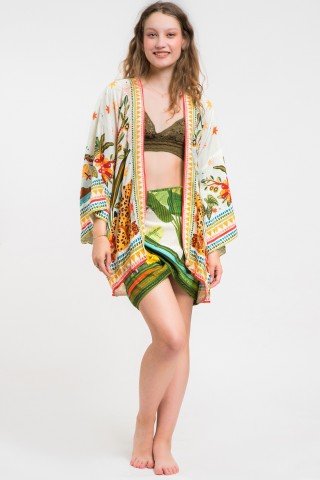 Kimono alb Jungle cu imprimeu multicolor
