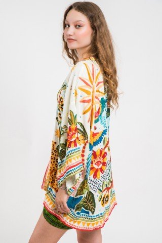 Kimono alb Jungle cu imprimeu multicolor
