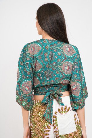 Bluza kimono petrecuta cu imprimeu Boho