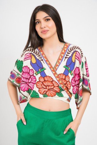 Bluza kimono petrecuta cu imprimeu multicolor