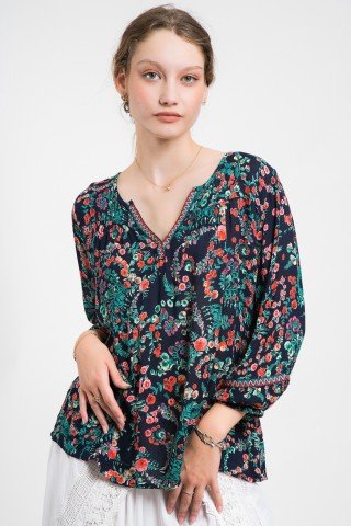 Bluza bleumarin cu imprimeu floral si aplicatie