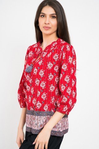 Bluza rosie cu imprimeu floral si ciucuri