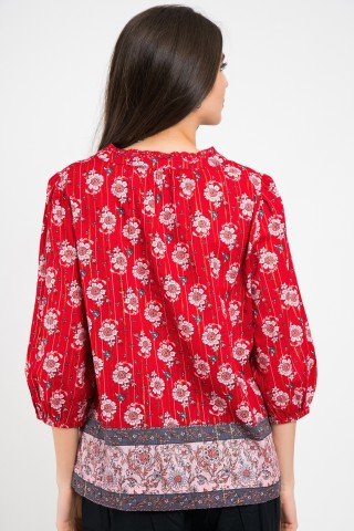 Bluza rosie cu imprimeu floral si ciucuri