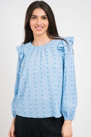 Bluza albastra cu volane si broderie