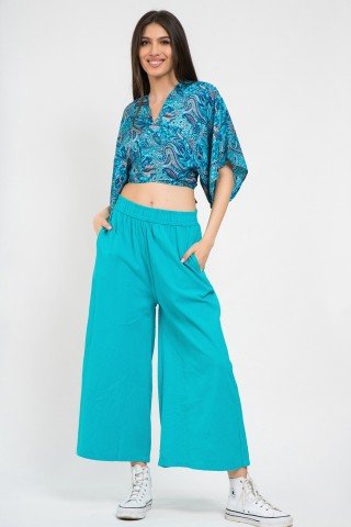 Pantaloni Culotte bleu cu buzunare