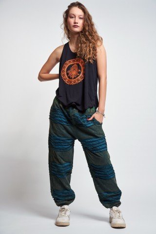 Pantaloni unisex  prespalati verde-albastru aspect dublu