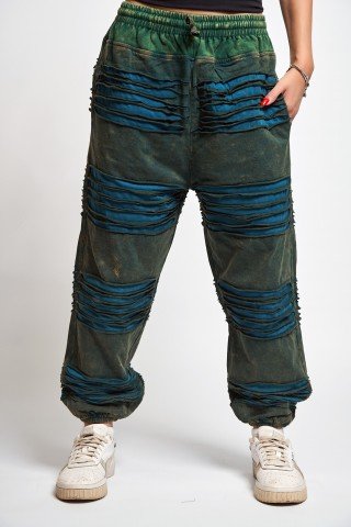 Pantaloni unisex  prespalati verde-albastru aspect dublu