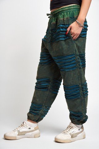 Pantaloni unisex  prespalati verde-albastru aspect dublu