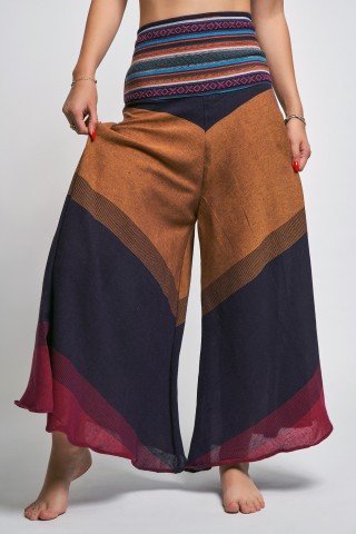 Fusta pantalon mov fucsia ocru cu brau etnic