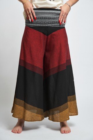Fusta pantalon visiniu negru ocru cu brau etnic