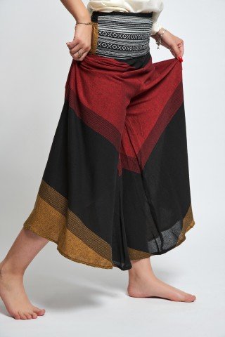 Fusta pantalon visiniu negru ocru cu brau etnic