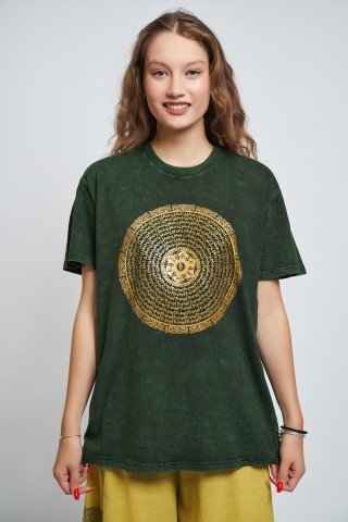 Tricou unisex prespalat verde cu Mantra Mandala