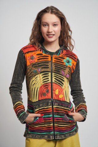 Jacheta neagra prespalata cu flori multicolore