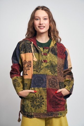 Jacheta tip hanorac unisex cu petice si print