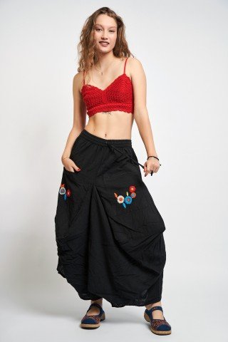 Fusta neagra tip gogosar cu buzunare aplicate si broderie