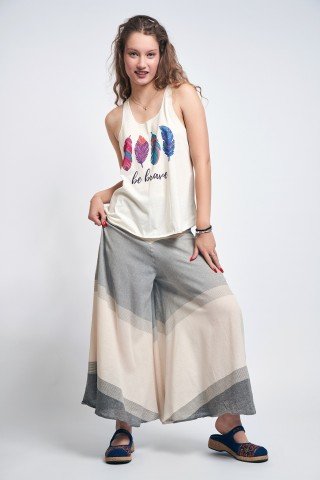 Fusta pantalon alb gri cu brau etnic