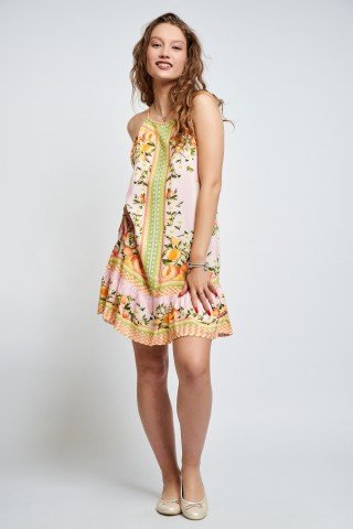 Rochie roz pastel cu volane si siret pe spate