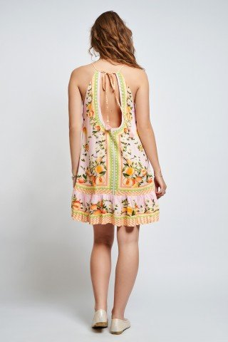 Rochie roz pastel cu volane si siret pe spate