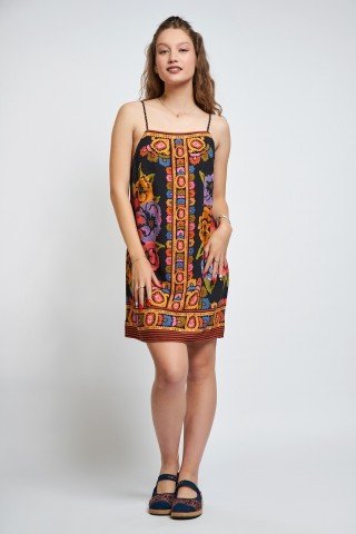 Rochie neagra scurta cu flori multicolore