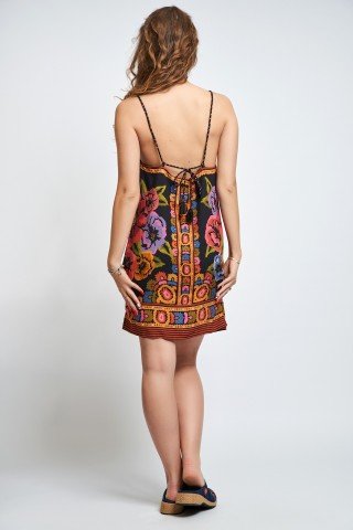 Rochie neagra scurta cu flori multicolore