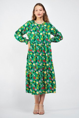 Rochie verde cu volane si flori multicoloare