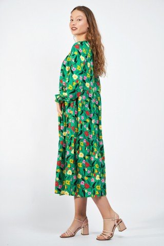Rochie verde cu volane si flori multicoloare