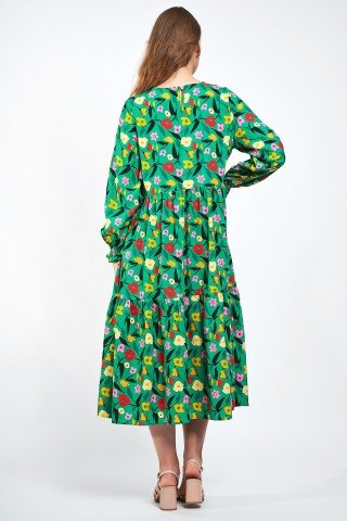 Rochie verde cu volane si flori multicoloare