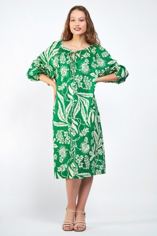 Rochie verde cu imprimeu floral si maneci bufante