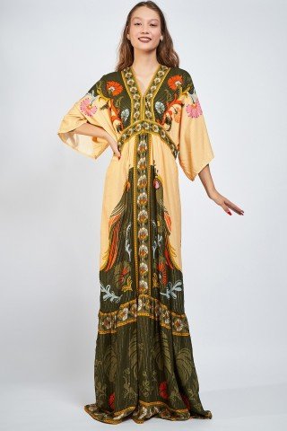 Rochie galbena kaki  flurure cu fir auriu