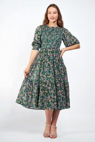 Rochie verde delicata cu floricele multicolore