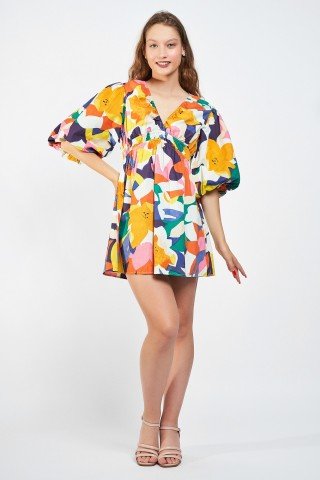 Rochie scurta multicolora cu maneci bufante