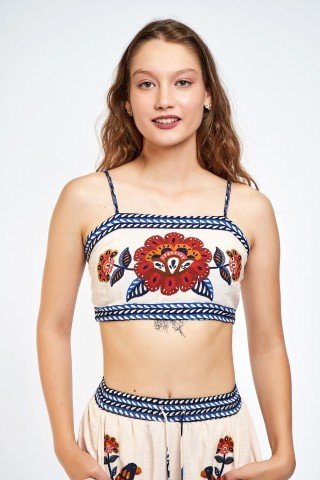 Top crem cu print bleumarin