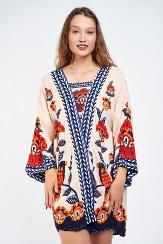 Kimono crem cu print bleumarin caramiziu