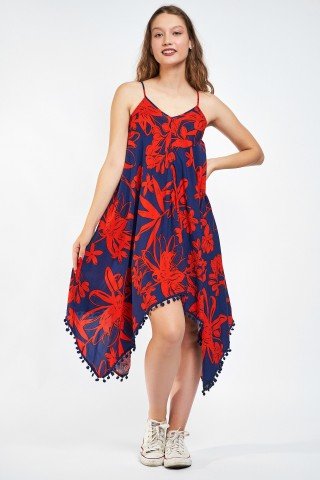 Rochie asimetrica belumarin rosu cu ciucuri