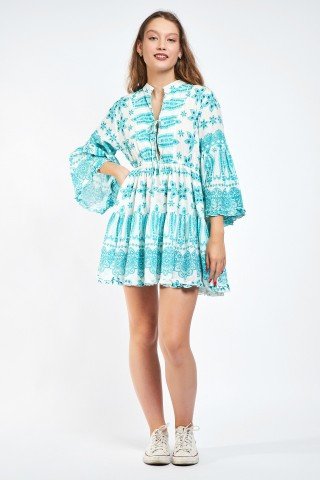 Rochie scurta alba ampla cu print turcoaz