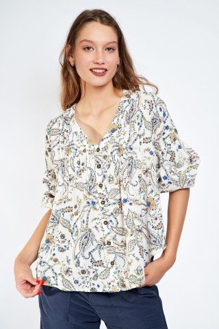 Bluza alba cu nasturi si imprimeu multicolor floral