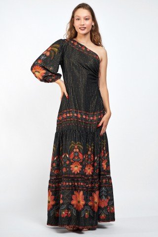 Rochie neagra cu fir auriu si flori multicolore Rio