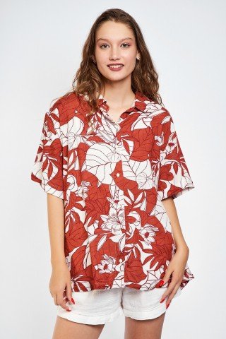 Camasa alba cu print caramiziu oversize