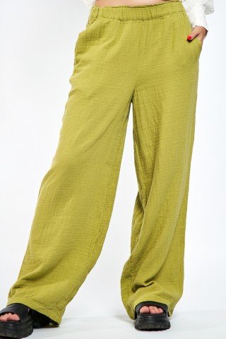 Pantaloni verde lime creponati cu buzunare