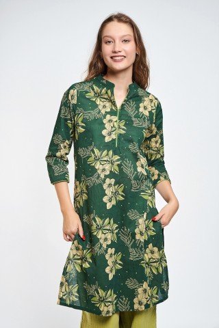 Tunica verde cu print floral crem si slituri laterale