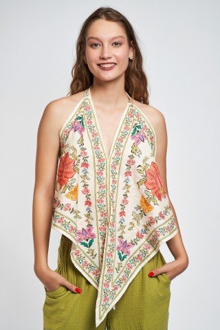 Maiou crem cu print floral asimetric