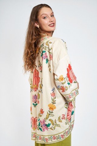Kimono crem oversize cu print floral