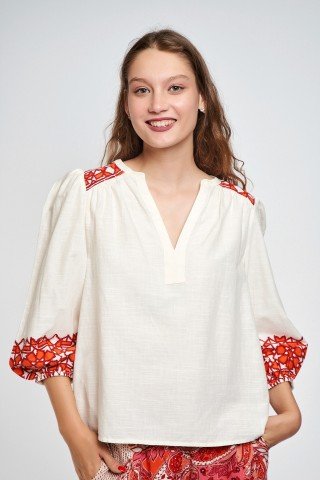 Bluza alba tip ie cu broderie orange