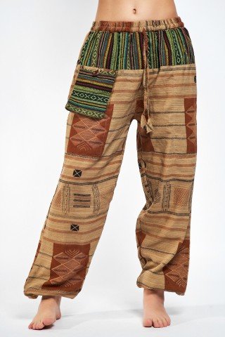 Pantaloni unisex maro crem cu brau etnic