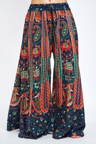 Fusta pantalon bleumarin portocaliu cu print indian