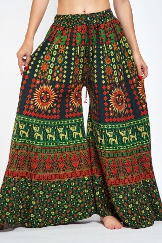 Fusta pantaloni verde cu portocaliu si print indian