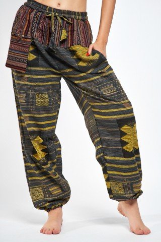 Pantaloni unisex negri cu inserti galbene si brau etnic