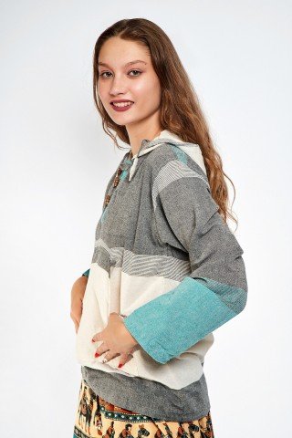 Hanorac unisex alb gri turcoaz cu gluga