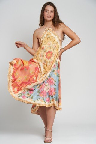 Rochie midi cu imprimeu floral mixt