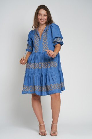 Rochie albastra din bumbac cu broderie